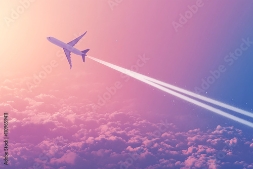 Airplane soaring above clouds at sunset with vibrant colors reflecting in the sky