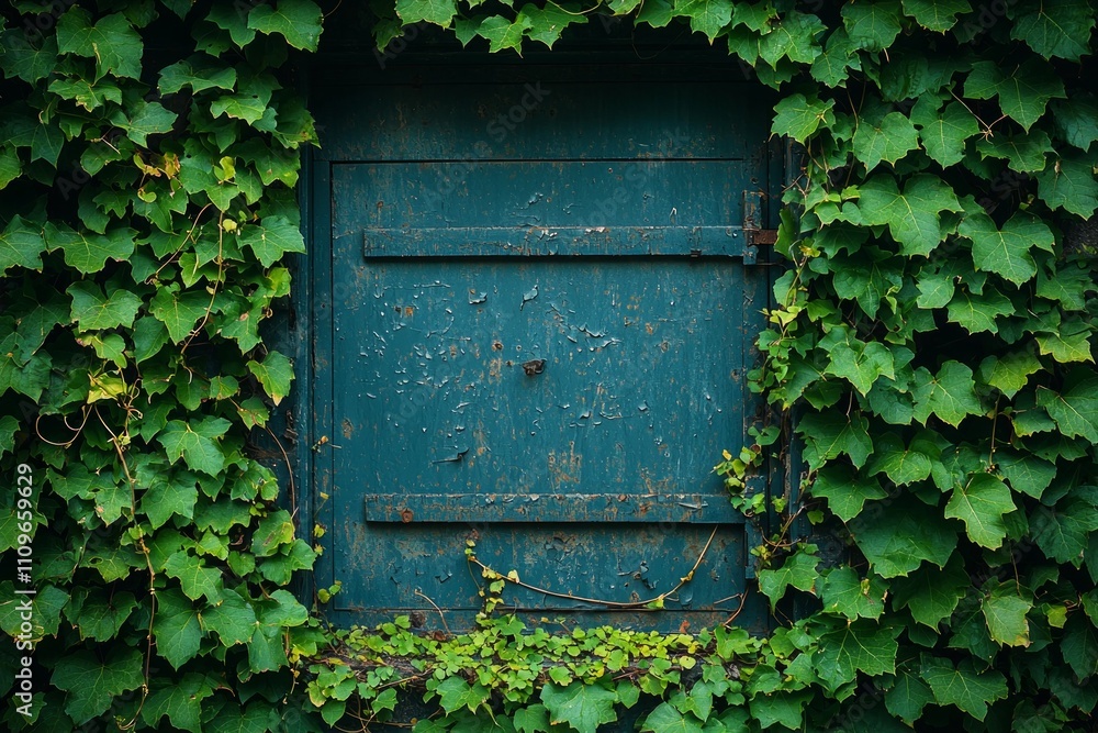 abandoned structure showcases door covered lush green vines illustrating powerful reclamation nature human made environments air mystery. abandoned structure showcases door covered lush green vines illustrating powerful reclamation nature human made environments air mystery.