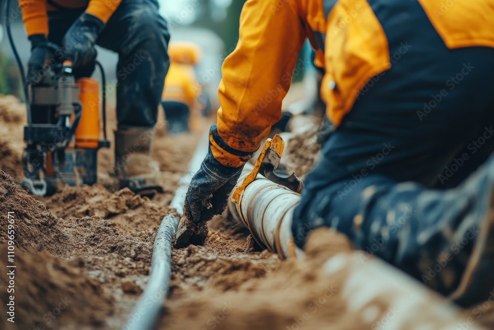 Construction workers installing pipeline in urban environment. Construction concept Construction workers installing pipeline in urban environment. Construction concept