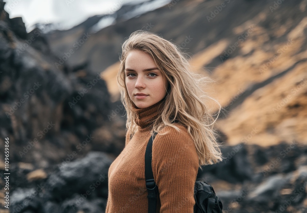 Young woman with flowing hair wearing a brown sweater stands in a rugged landscape, showcasing natural beauty and adventurous spirit in a breathtaking outdoor setting. Young woman with flowing hair wearing a brown sweater stands in a rugged landscape, showcasing natural beauty and adventurous spirit in a breathtaking outdoor setting.