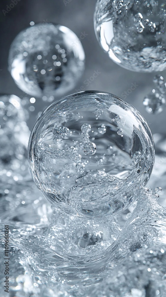 A close-up of clear spheres filled with water, symbolizing a clean and fresh feeling for skin care products. The background is light gray to emphasize the clarity of each sphere. Soft lighting creates A close-up of clear spheres filled with water, symbolizing a clean and fresh feeling for skin care products. The background is light gray to emphasize the clarity of each sphere. Soft lighting creates