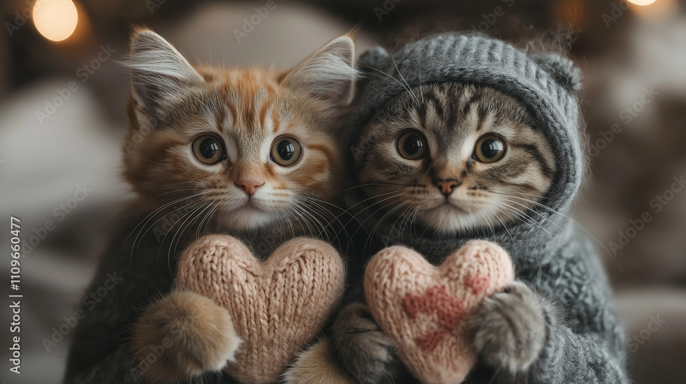 Two adorable kittens, one ginger and one tabby, hold knitted hearts while dressed in cozy sweaters. Their sweet expressions and warm setting create a heartwarming, festive atmosphere.
Two adorable kittens, one ginger and one tabby, hold knitted hearts while dressed in cozy sweaters. Their sweet expressions and warm setting create a heartwarming, festive atmosphere.