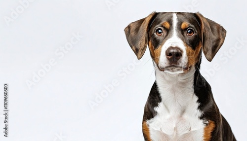 Spotted dog close-up portrait in high resolution on simple white background. Place for text.