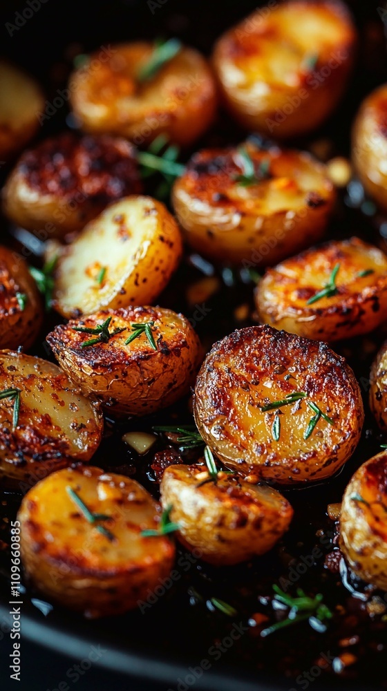 A close-up photo of roasted potatoes with garlic and rosemary, using natural light to highlight the golden-brown color of the potato skin and textures. The background is simple and clean, focusing on A close-up photo of roasted potatoes with garlic and rosemary, using natural light to highlight the golden-brown color of the potato skin and textures. The background is simple and clean, focusing on