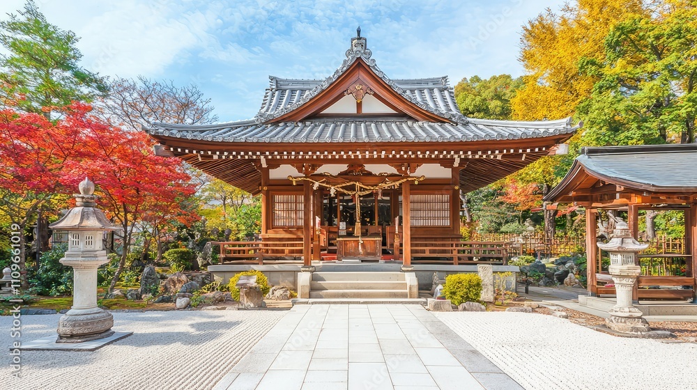 Tranquil Japanese Temple Surrounded by Colorful Autumn Foliage and Serene Gardens, Featuring Traditional Architecture and Stone Lanterns in Clear Blue Sky Tranquil Japanese Temple Surrounded by Colorful Autumn Foliage and Serene Gardens, Featuring Traditional Architecture and Stone Lanterns in Clear Blue Sky