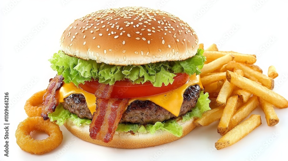 A delicious burger with bacon, cheese, lettuce, tomato, and fries, served on a white background. A delicious burger with bacon, cheese, lettuce, tomato, and fries, served on a white background.