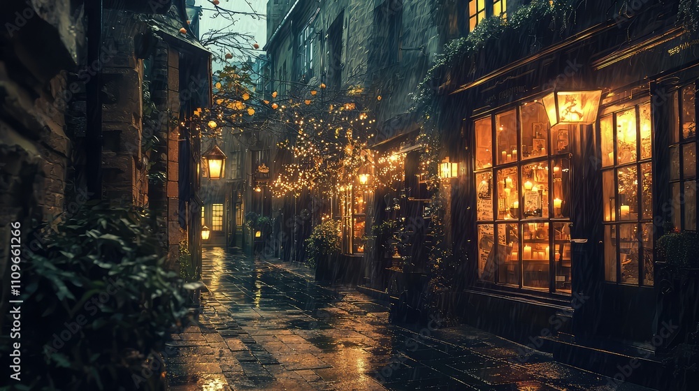 Serene Rainy Night in a Historic Cobblestone Alleyway with Soft Glow from Lanterns and Shop Windows Surrounded by Refreshing Greenery and Warm Light Serene Rainy Night in a Historic Cobblestone Alleyway with Soft Glow from Lanterns and Shop Windows Surrounded by Refreshing Greenery and Warm Light
