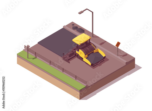 Isometric asphalt paving composition. Low poly yellow asphalt paver building road. Vector illustrator