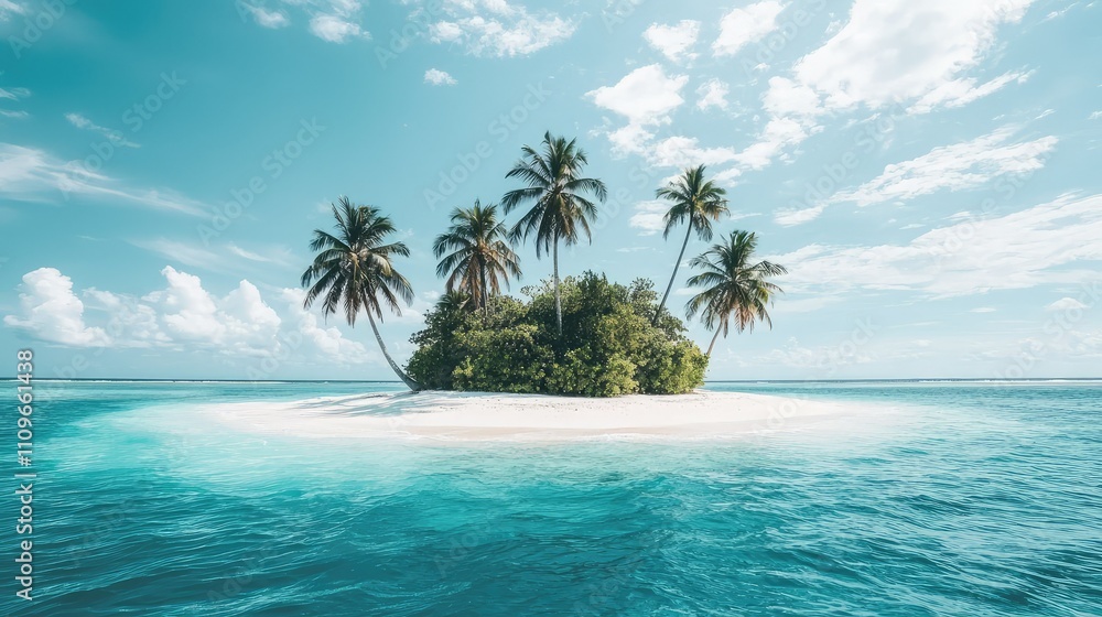 Serene Tropical Island with Lush Greenery and Palm Trees Surrounded by Crystal Clear Turquoise Waters Under a Bright Blue Sky Filled with Fluffy White Clouds Serene Tropical Island with Lush Greenery and Palm Trees Surrounded by Crystal Clear Turquoise Waters Under a Bright Blue Sky Filled with Fluffy White Clouds