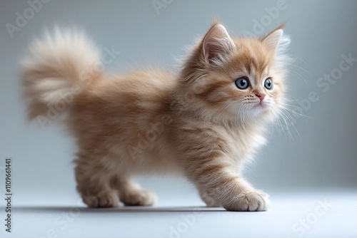 A cute beige kitten walking confidently on a pristine white floor, with big blue eyes and a playful expression. The soft lighting brings out the kitten's fluffy fur, making it perfect as a pet wallpap photo