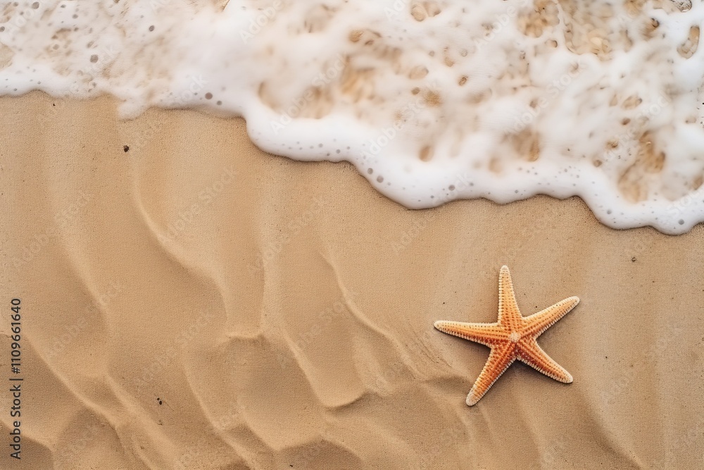 Waves brushing against golden sand cradling a starfish on a tranquil shore. Generative AI