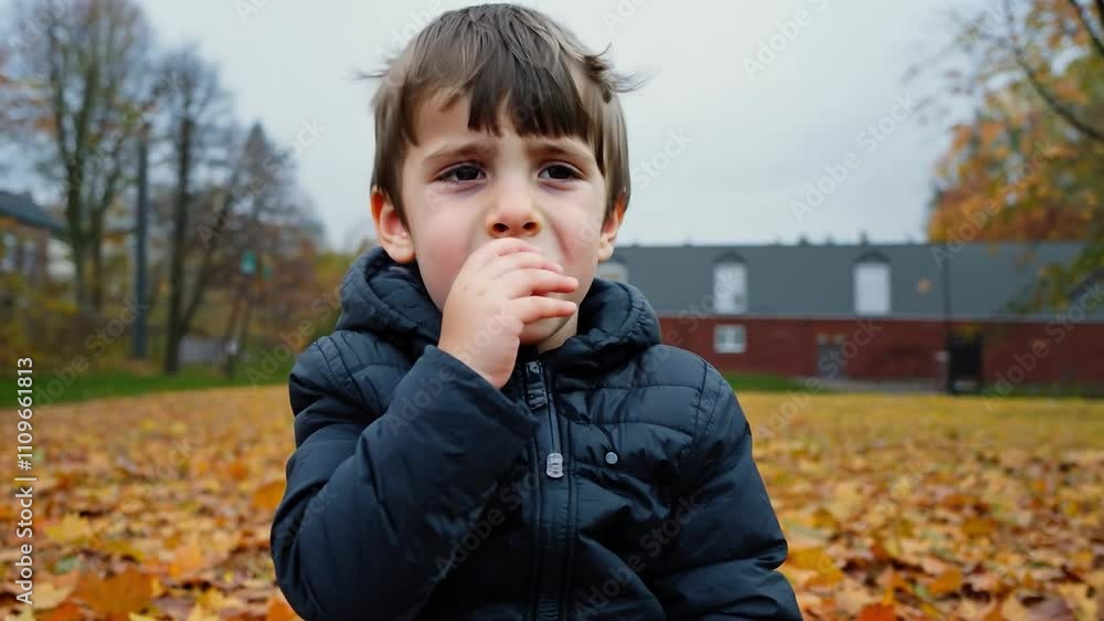 Young boy is sitting on the ground in a park, eating something. He is wearing a black jacket and he is focused on his food. The scene is peaceful and quiet Young boy is sitting on the ground in a park, eating something. He is wearing a black jacket and he is focused on his food. The scene is peaceful and quiet
