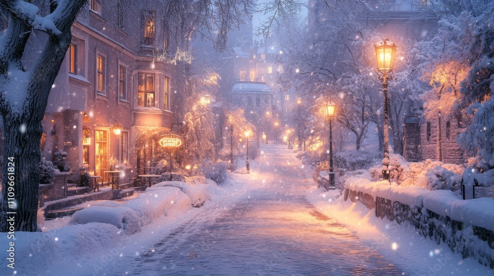 Fototapeta premium Snowy Street in a European City at Night with Warm Street Lights