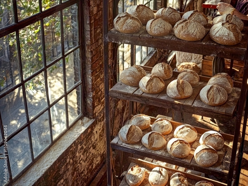 skilled baker prepares sourdough bread rustic bakery where wooden shelves display fresh loaves and flour dances warm sunlight early morning. skilled baker prepares sourdough bread rustic bakery where wooden shelves display fresh loaves and flour dances warm sunlight early morning.