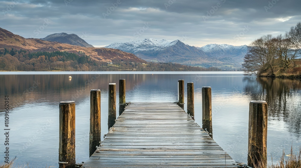 Fototapeta premium Serene Wooden Dock Overlooking Tranquil Lake Surrounded by Majestic Mountains and Lush Greenery Under a Cloudy Sky at Dusk