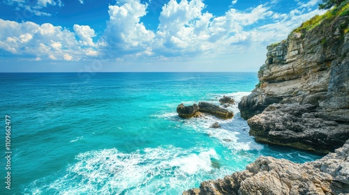 Breathtaking Ocean View with Rocky Shoreline and Dramatic Sky Featuring Blue Waters and Fluffy White Clouds, Perfect for Travel and Nature Photography