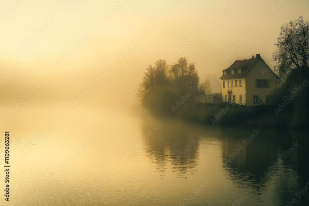 Fototapeta premium Serene house by the foggy lake during sunrise, embodying quiet contemplation