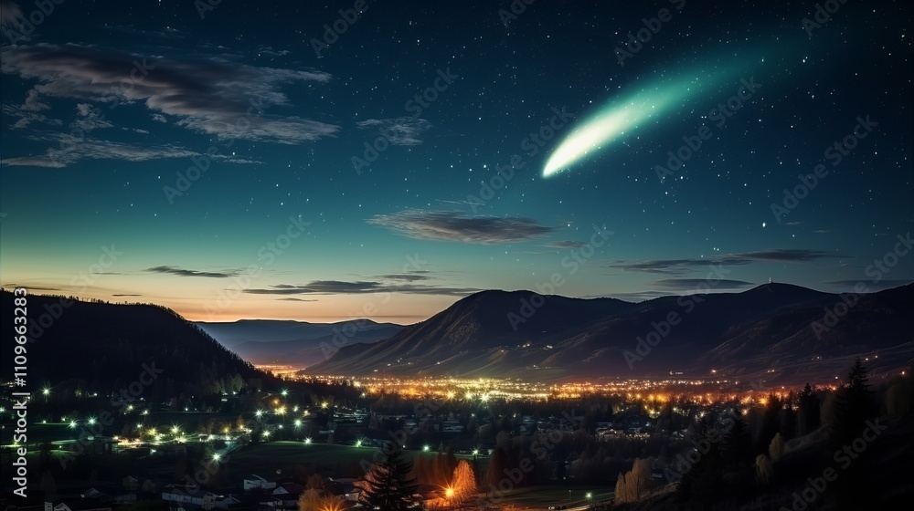 Fototapeta premium Stargazers admire a comet illuminating the night sky over a tranquil valley. Generative AI