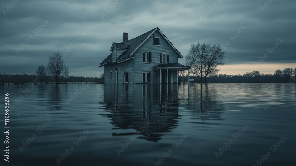 Abandoned house in calm floodwaters under dramatic sky Abandoned house in calm floodwaters under dramatic sky