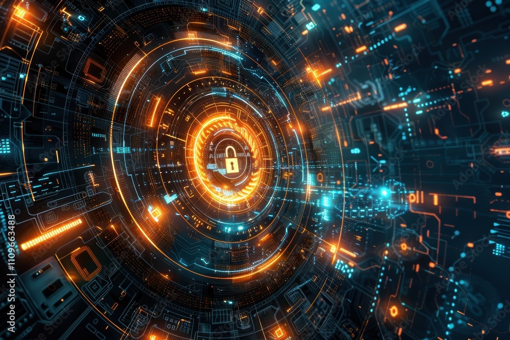 Abstract digital design featuring a secure lock in a tech-inspired setting. Abstract digital design featuring a secure lock in a tech-inspired setting.