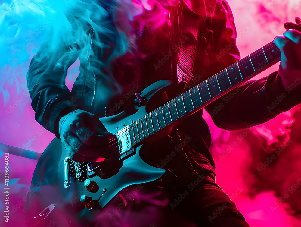 Obraz premium Close-up of a guitarist playing under dramatic pink and blue stage lighting with smoke.