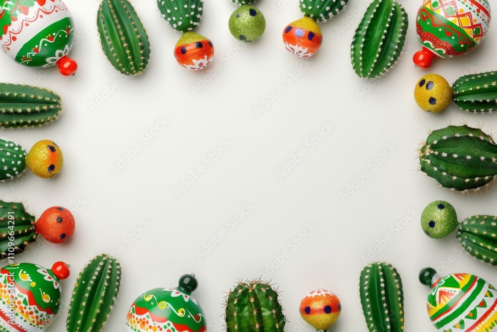 Cinco de Mayo banner with A row of cactus shaped ornaments with a white background. The cacti are in various colors and sizes, and they are arranged in a circle. Scene is cheerful and festive Cinco de Mayo banner with A row of cactus shaped ornaments with a white background. The cacti are in various colors and sizes, and they are arranged in a circle. Scene is cheerful and festive
