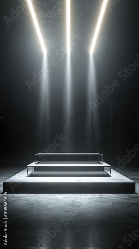 Minimalist stage with ambient lighting showcases a sleek platform surrounded by an atmosphere of mystery and elegance ideal for presentations and artistic displays.