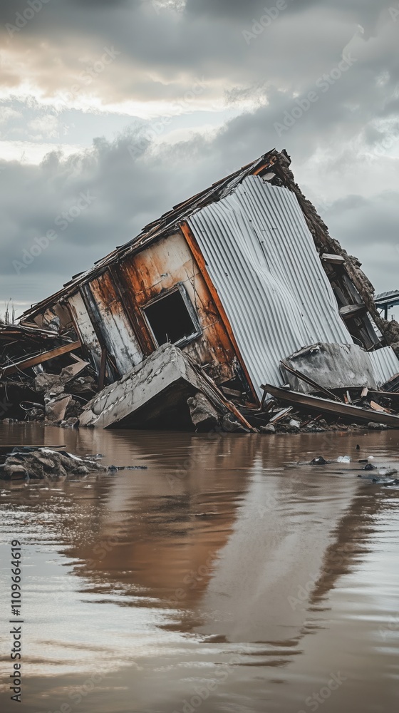 Devastating flooded landscape with collapsed structure in overcast weather