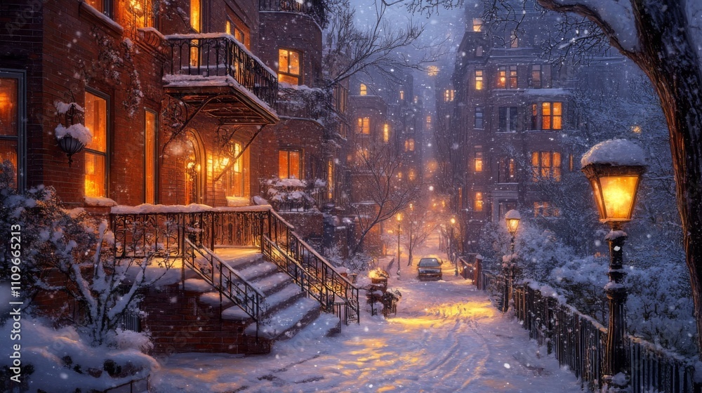 Snow-Covered Brick Building with Illuminated Windows and a Snowy Street in the Background Snow-Covered Brick Building with Illuminated Windows and a Snowy Street in the Background