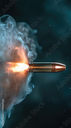 Stunning Close-Up of a Bullet in Motion with Flames and Smoke Depicting Power and Speed in a Dramatic Artistic Shot photo