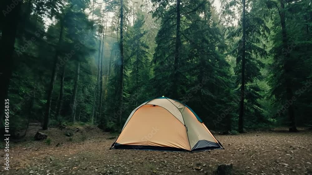 Yellow tent is set up in a forest. The tent is surrounded by trees and the forest is very green Yellow tent is set up in a forest. The tent is surrounded by trees and the forest is very green