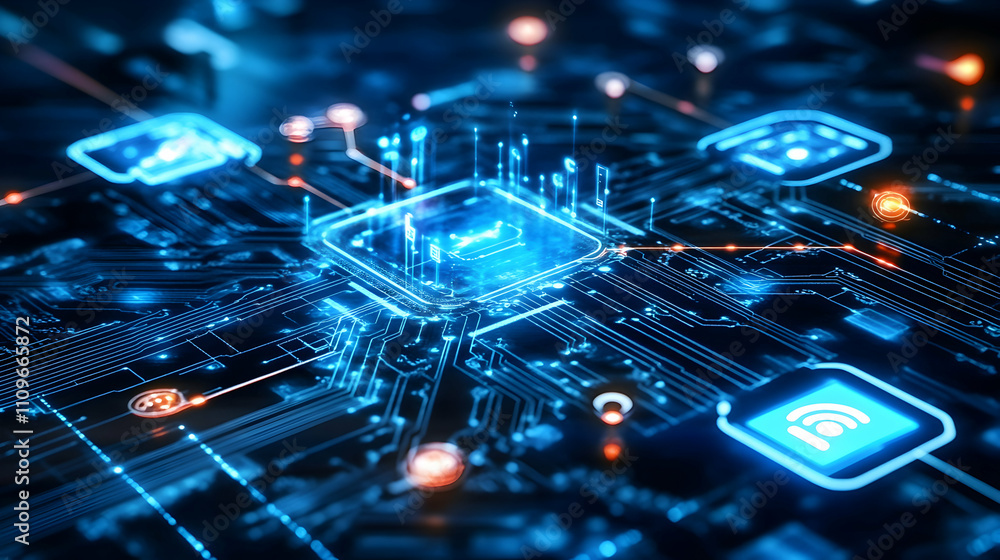 A glowing blue microchip on a digital circuit board, symbolizing cutting-edge computing and data processing. A glowing blue microchip on a digital circuit board, symbolizing cutting-edge computing and data processing.