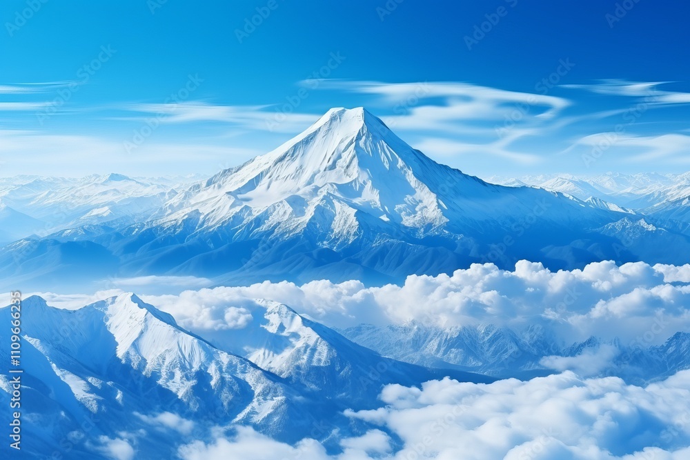 Majestic snow-capped mountain soaring above soft fluffy clouds at dawn. Generative AI Majestic snow-capped mountain soaring above soft fluffy clouds at dawn. Generative AI