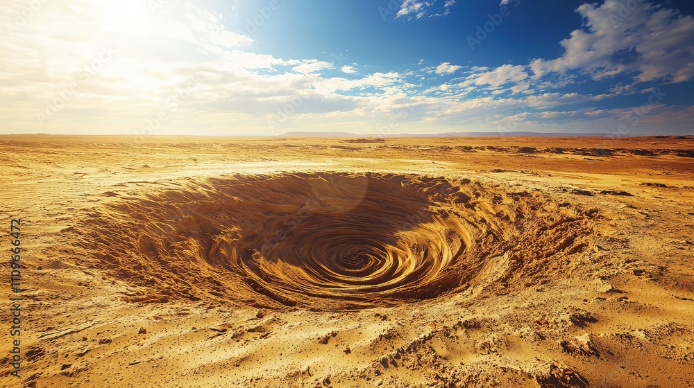 Naklejka premium Mesmerizing Swirling Sand Pit in a Desert Landscape Under a Bright Sky with Dramatic Clouds and Sunlight Shining Through, Evoking Mystery and Intrigue in Nature
