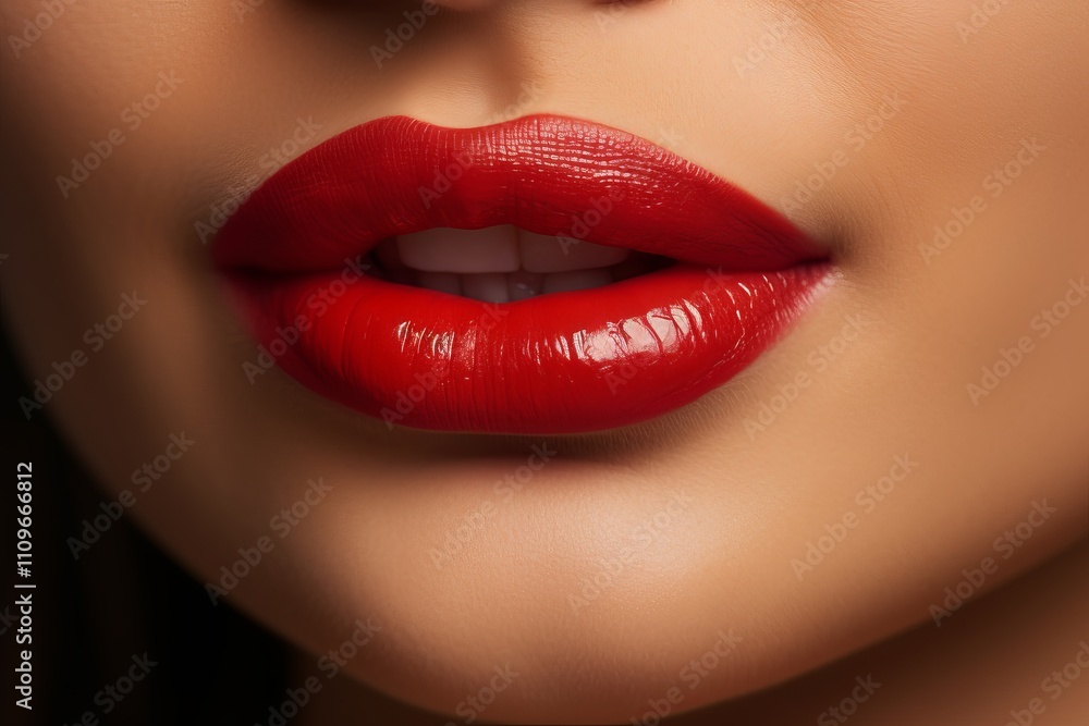 Gorgeous close-up of glossy red lips, highlighting elegance in soft lighting Gorgeous close-up of glossy red lips, highlighting elegance in soft lighting