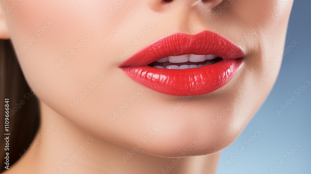 Fototapeta premium Luscious red lips glisten under soft lighting with a subtle sparkle. Generative AI