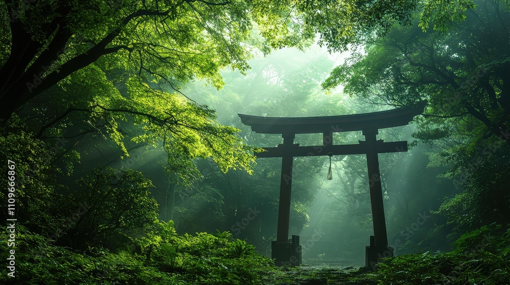 Serene Japanese Torii Gate Surrounded by Lush Green Forest and Ethereal Light Rays Illuminating Path in Tranquil Nature Setting Serene Japanese Torii Gate Surrounded by Lush Green Forest and Ethereal Light Rays Illuminating Path in Tranquil Nature Setting