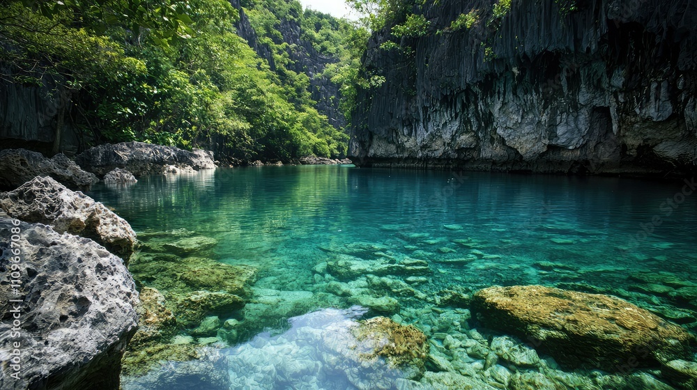 Serene Tropical Lagoon Surrounded by Lush Greenery and Majestic Rock Formations in Crystal Clear Water Under Bright Blue Sky Serene Tropical Lagoon Surrounded by Lush Greenery and Majestic Rock Formations in Crystal Clear Water Under Bright Blue Sky