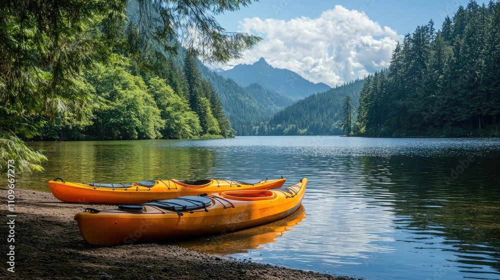 Serene Summer Kayaking Adventure at Tranquil Lake Surrounded by Lush Green Forests and Majestic Mountains under a Clear Blue Sky Serene Summer Kayaking Adventure at Tranquil Lake Surrounded by Lush Green Forests and Majestic Mountains under a Clear Blue Sky