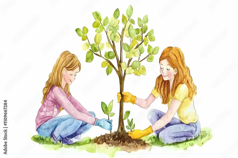 Two Girls Planting Tree in Earthy Soil with Green Leaves Around Two Girls Planting Tree in Earthy Soil with Green Leaves Around