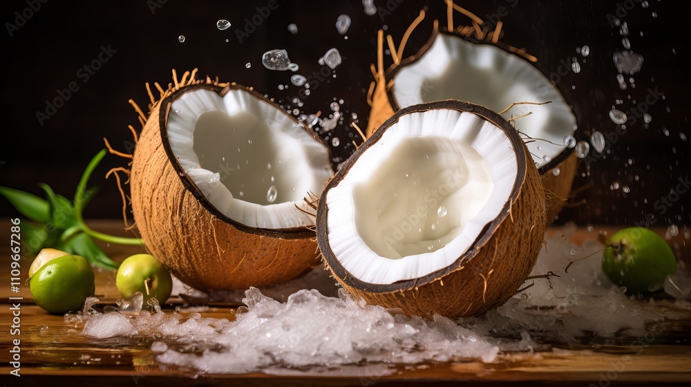 Freshly cracked coconuts surrounded by lush greenery and ice. Generative AI Freshly cracked coconuts surrounded by lush greenery and ice. Generative AI