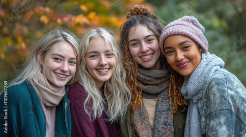 Happy Diverse Women Friends Smiling Autumn Park Portrait