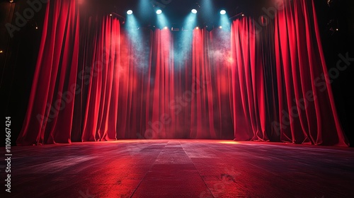 Theater Stage with Red Curtains and Spotlights, Performing in a Dramatic Show photo