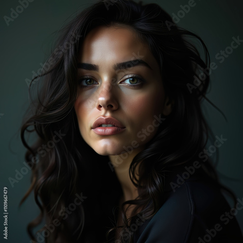 Portrait of beautiful woman in front of black background.