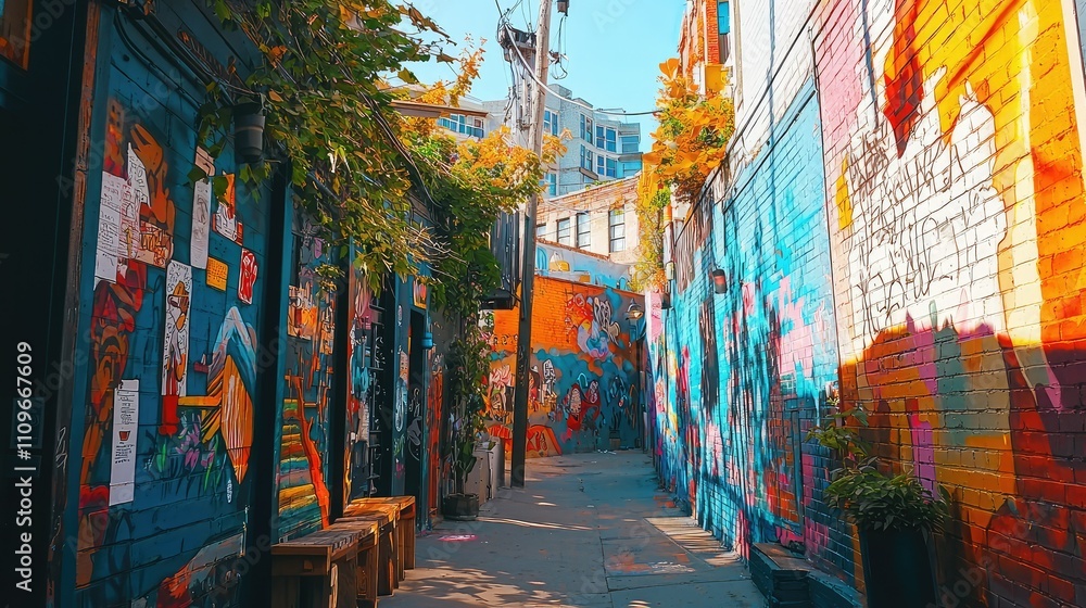 Fototapeta premium Vibrant Urban Alleyway with Colorful Street Art and Murals in a Lively Cityscape Showcasing Creativity and Culture in a Bright and Sunny Day