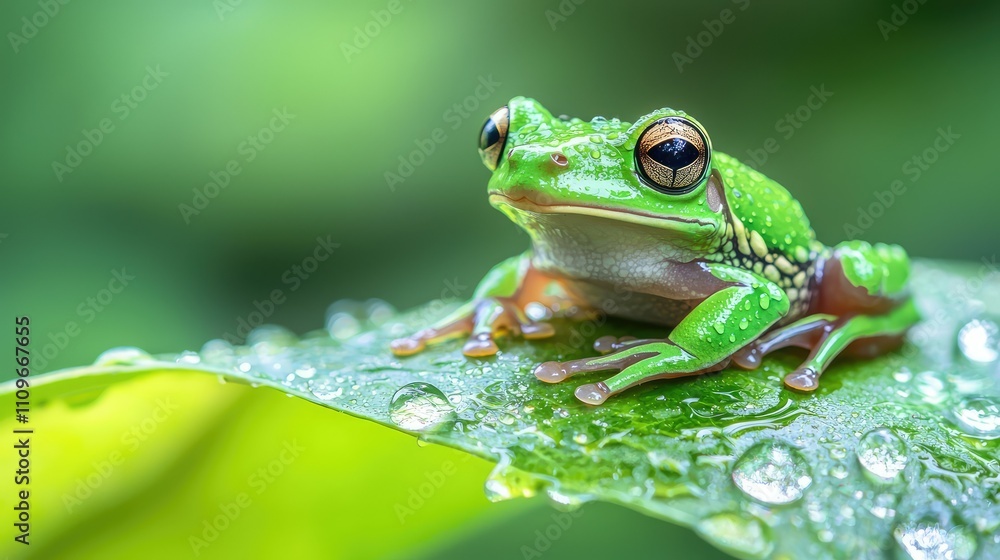 Vibrant Green Frog Perched on a Dewy Leaf in a Lush Rainforest Environment, Capturing the Essence of Nature and Its Intricate Beauty Vibrant Green Frog Perched on a Dewy Leaf in a Lush Rainforest Environment, Capturing the Essence of Nature and Its Intricate Beauty