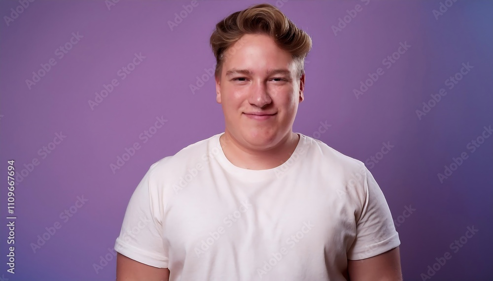 Obraz premium joyful young hispanic plus size body positive male man boy guy 30s in white blank design casual t-shirt posing color background studio portrait