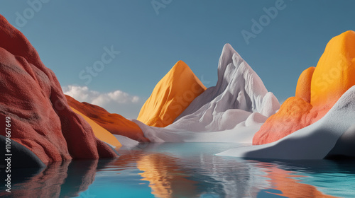 3D render of an alien planet with rainbow-colored mountains and crystal-clear rivers photo