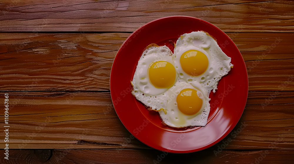 Plate with fried eggs on a wooden background, top view. Plate with fried eggs on a wooden background, top view.