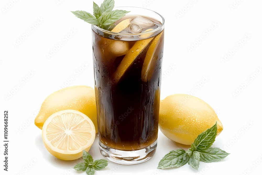 Refreshing Iced Drink with Lemon and Mint Garnish in Glass Refreshing Iced Drink with Lemon and Mint Garnish in Glass